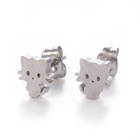 304 Stainless Steel Kitten Stud Earrings EJEW-F227-08P-1