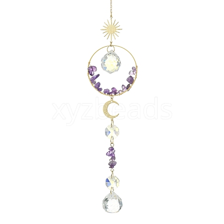 Glass Beads &  Natural Amethyst Chip Beads & Brass Hanging Suncatchers HJEW-JM04994-01-1