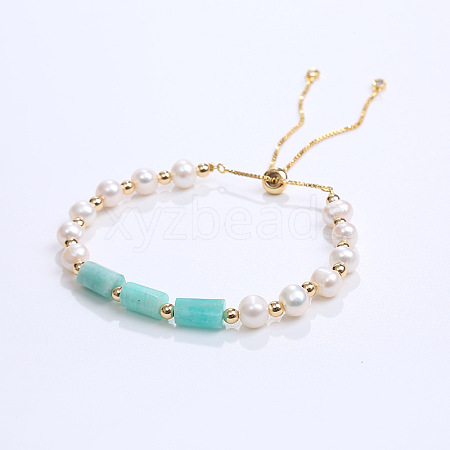 Natural Amazonite & Plastic Imitation Pearl Bead Slider Bracelets AT8786-2-1