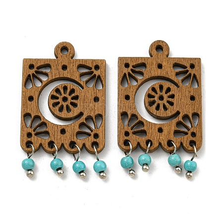 Laser Cut Poplar Wood Pendants Rectangle Charms with Dyed Synthetic Turquoise FIND-G073-07-1