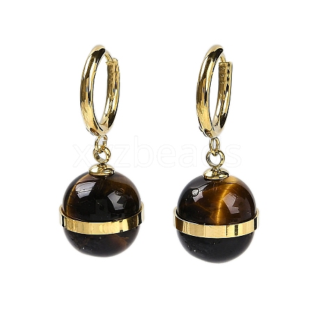 Ion Plating(IP) 304 Stainless Steel & Natural Tiger Eye Round Hoop Earrings for Women EJEW-K281-22G-1