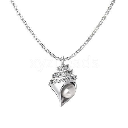 Rhodium Plated Summer Beach 925 Sterling Silver Micro Pave Clear Cubic Zirconia Cable Chain Conch Shell Pendant Necklaces NJEW-Q342-05P-1