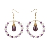 Shell Pearl & Natural Amethyst Beaded Big Ring with Teardrop Dangle Earrings EJEW-JE05044-2