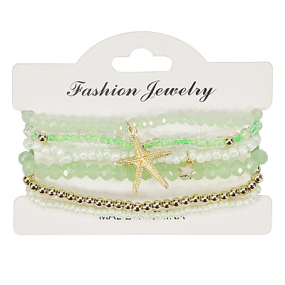 Bohemian Style Round Glass & Plastic Beads Stretch Bracelets & Starfish & Star Zinc Alloy Charm Bracelets Set for Women FS-WG8BA5D-02-1