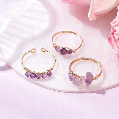3Pcs Natural Amethyst Bead Finger Ring RJEW-JR00855-02-1