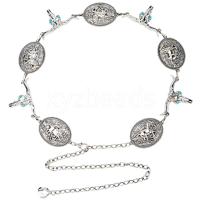 1Pc Tibetan Style Alloy Oval & Cattle Skull Head Link Chain Waist Belly Body Chains for Women AJEW-DC0003-23AS-1