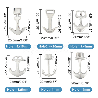 6Pcs 6 Styles 304 Stainless Steel Anchor Hook Clasps STAS-UN0050-80-1