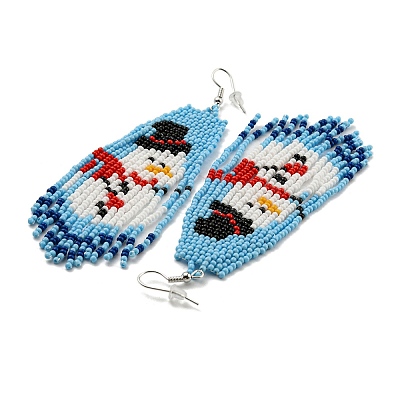 Boho Seed Bead Christmas Snowman Tassel Earrings EJEW-Q380-03A-1
