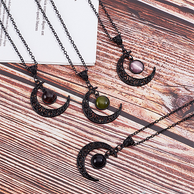 4Pcs 4 Colors Glass Flat Round & Alloy Moon Pendant Necklaces Set NJEW-AN0001-55-1