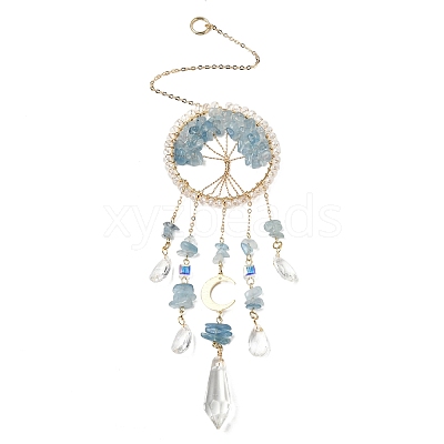 Wire Wrapped Natural Aquamarine Chip Tree of Life Window Hanging Prism Ornaments HJEW-TA00283-01-1