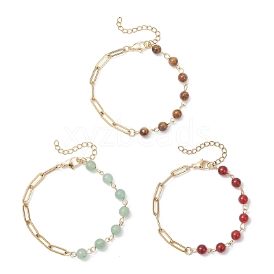 3Pcs Natural Carnelian & Green Aventurine & Tiger Eye Beaded Link Chain Bracelets BJEW-JB12657-1