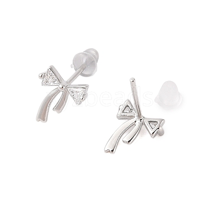Bowknot Brass Micro Pave Clear Cubic Zirconia Stud Earrings for Women EJEW-P288-06P-1