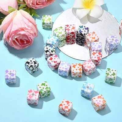30Pcs UV Plating Acrylic Printed Beads MACR-CJ0002-10-1