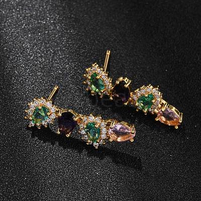 Brass Micro Pave Colorful Cubic Zirconia Stud Earrings for Women EJEW-F418-10G-1