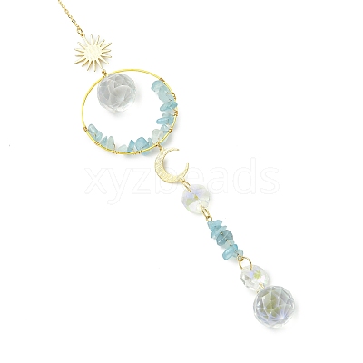 Glass Beads &  Natural Aquamarine Chip Beads & Brass Hanging Suncatchers HJEW-JM04994-03-1