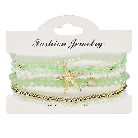 Bohemian Style Round Glass & Plastic Beads Stretch Bracelets & Starfish & Star Zinc Alloy Charm Bracelets Set for Women FS-WG8BA5D-02-1