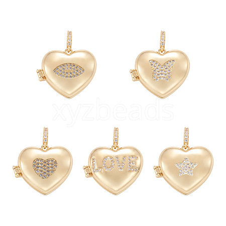 Fashewelry 5Pcs 5 Style Brass Micro Pave Clear Cubic Zirconia Diffuser Locket Pendants ZIRC-FW0001-04-1