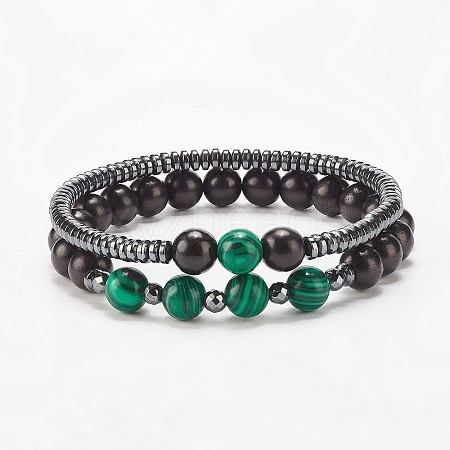 2Pcs 2 Style Natural Wood & Synthetic Hematite & Malachite Beaded Stretch Bracelets Set BJEW-JB07948-01-1