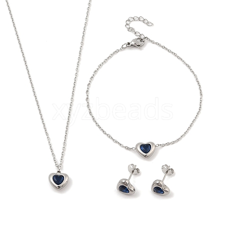 Heart 304 Stainless Steel Micro Pave Cubic Zirconia Pendant Necklaces & Bracelets & Stud Earrings Sets for Women SJEW-C004-13P-03-1