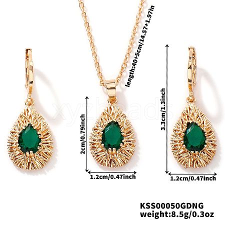 Brass Glass Teardrop Dangle Earrings & Pendant Necklaces Sets for Women PL9386-2-1