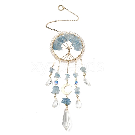 Wire Wrapped Natural Aquamarine Chip Tree of Life Window Hanging Prism Ornaments HJEW-TA00283-01-1