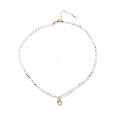 Cubic Zirconia Teardrop Pendant Necklace with Natural Moonstone Beaded Chains NJEW-JN04121-03-1