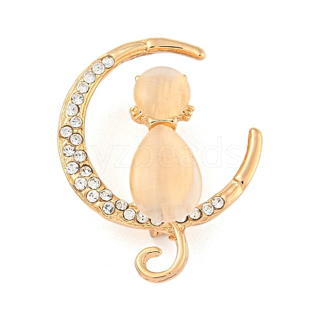 Cat Sitting in Crescent Moon Alloy Brooch JEWB-U006-10KCG-1