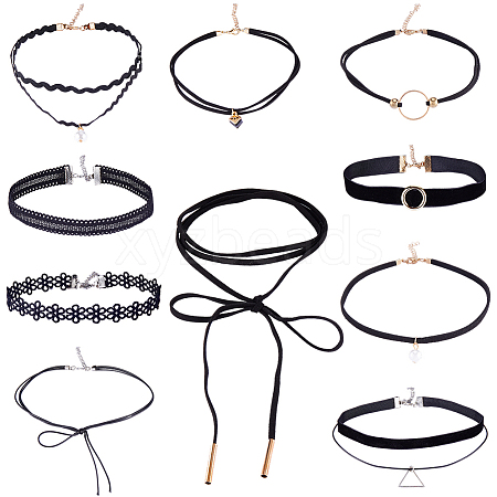 10Pcs 10 Styles Gothic Polyester Lace Choker Necklaces NJEW-SC0001-75-1