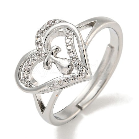 Heart with Letter Rack Plating Brass Micro Pave Clear Cubic Zirconia Adjustable Rings for Women RJEW-I105-01P-T-1