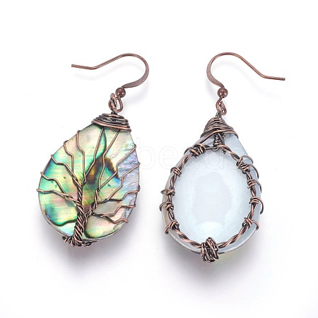 Abalone Shell/Paua Shell Teardrop with Tree of Life Dangle Earrings EJEW-SZ0001-65A-1