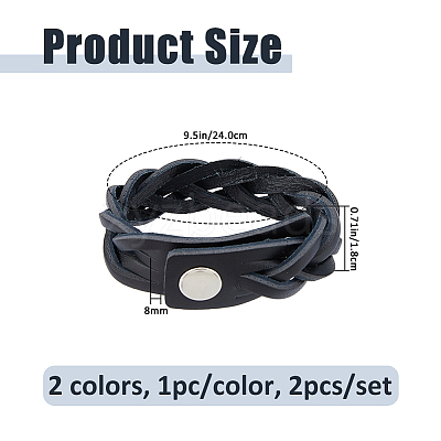 2Pcs 2 Colors Braided Cowhide Cord Bracelets BJEW-FH0001-18-1
