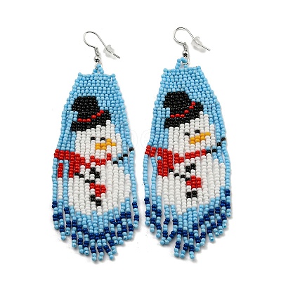 Boho Seed Bead Christmas Snowman Tassel Earrings EJEW-Q380-03A-1