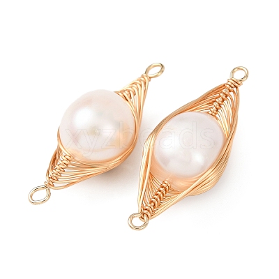 Copper Herringbone Wire-Wrapped Natural Pearl Potato Links Connector Charms KK-Z152-03G-02-1