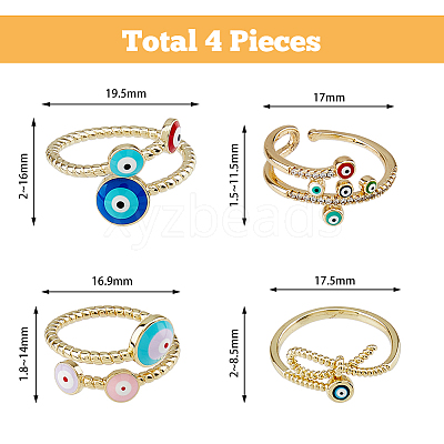 4Pcs 4 Styles Colorful Enamel Evil Eye Open Cuff Rings with Clear Cubic Zirconia RJEW-FI0001-07-1