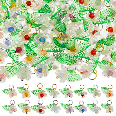 64Pcs 16 Styles Natural Mixed Gemstone Flower Charms PALLOY-FH00140-1