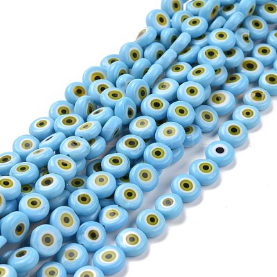 Handmade Evil Eye Lampwork Flat Round Bead Strands LAMP-L058-8mm-17-1