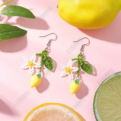 Handmade Glass Seed Beaded Lemon Dangle Earrings EJEW-FS00061-1