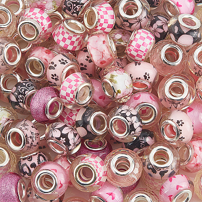 100Pcs Printed Transparent Resin European Beads RESI-PA0001-18B-1