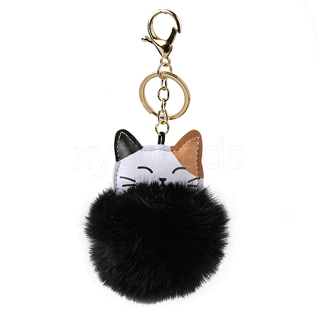 Imitation Rex Rabbit Fur Ball & PU Leather Cat Pendant Keychain X1-KEYC-K018-05KCG-04-1
