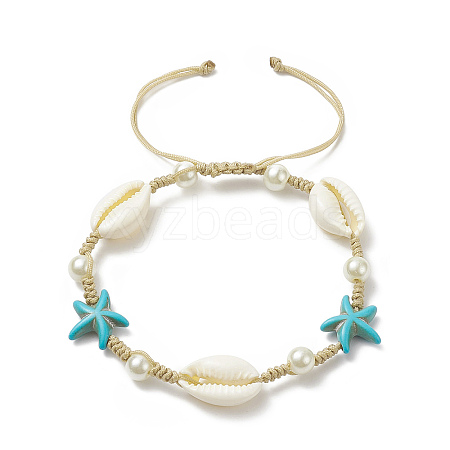 Synthetic Turquoise(Dyed) Starfish & Natural Shell & Glass Pearl Braided Bead Bracelet X-BJEW-TA00218-1