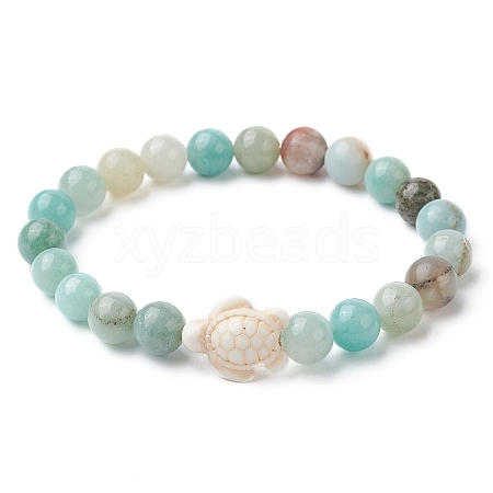 Natural Flower Amazonite Round & Synthetic Turquoise Turtle Beaded Stretch Bracelet for Women BJEW-JB09700-01-1