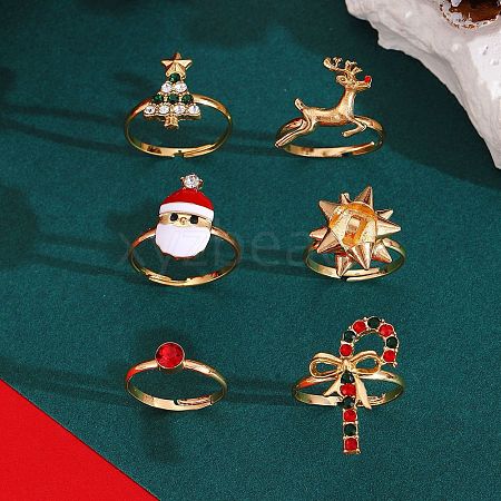 6Pcs Candy Cane/Santa Claus/Christmas Tree/Deer Alloy Enamel & Rhinestone Finger Rings Sets FS-WG280A2-01-1