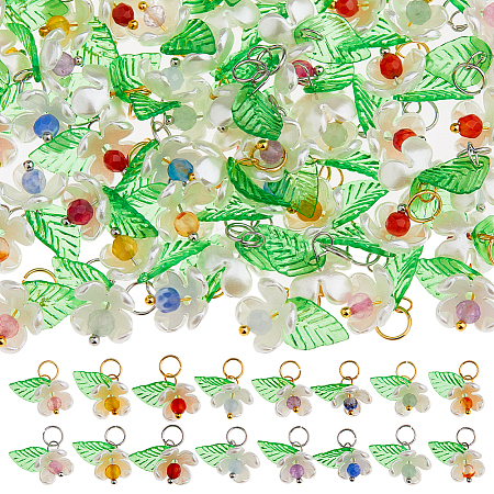 64Pcs 16 Styles Natural Mixed Gemstone Flower Charms PALLOY-FH00140-1