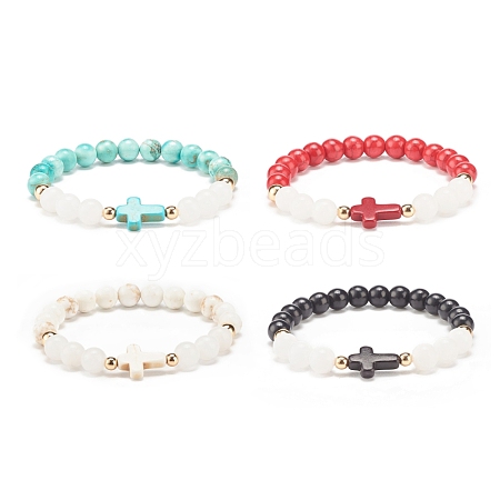 Natural White Jade & Gemstone & Synthetic Turquoise(Dyed) Stretch Bracelet with Cross BJEW-JB08295-1