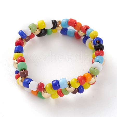 Round Opaque Glass Seed Beaded Finger Rings RJEW-JR00318-02-1