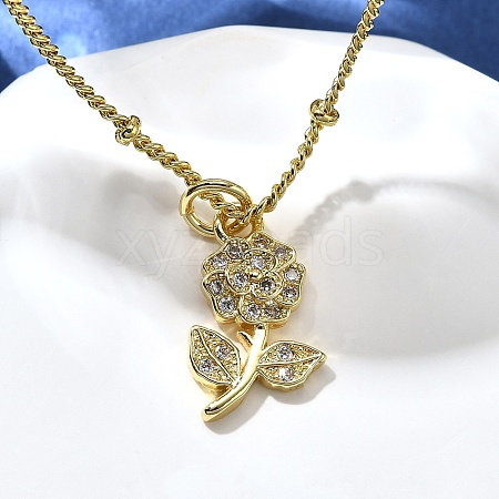 Brass Micro Pave Clear Cubic Zirconia Flower Pendant Necklaces for Women NJEW-A039-01B-G-1