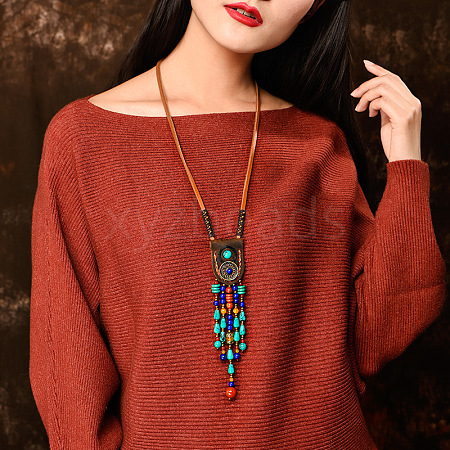 Ethnic Style Synthetic Turquoise & Natural Red Jasper & Natural Yellow Agate Teardrop Tassel Pendant Necklaces FS-WG6AE62-01-1