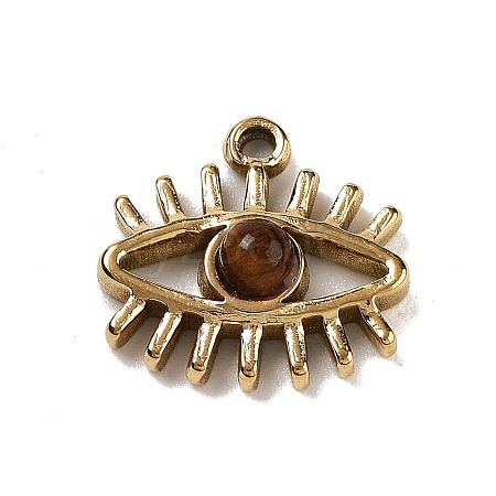 Ion Plating(IP) 304 Stainless Steel Pave Natural Tiger Eye Eye Charms STAS-U014-06B-02-1