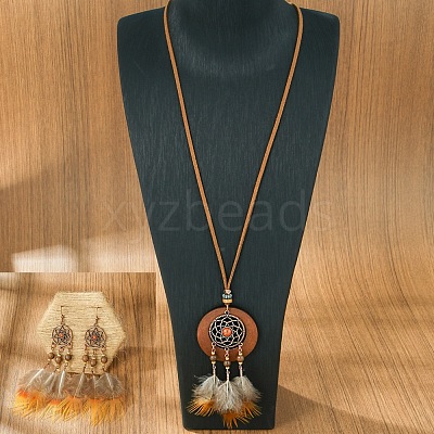 Woven Net/Web with Feather Alloy & Wood Necklaces & Earring Sets FS-WG8596C-04-1