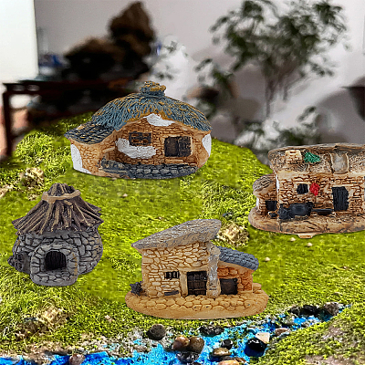 4Pcs 4 Styles Resin Miniature Stone Houses AJEW-LP0002-41-1